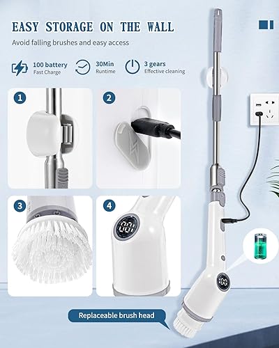 Miniatura 6 de Augot - Limpiador eléctrico inalámbrico giratorio de 59 pulgadas con mango largo para limpieza, cepillo de limpieza eléctrico de 3 velocidades con 8