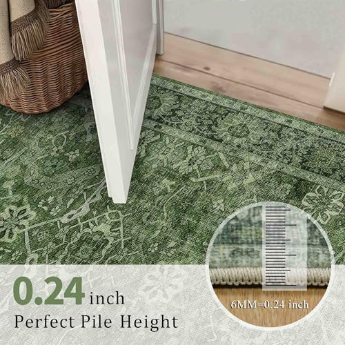 Image of 8x10 Washable Area Rug Vintage Green Rug for Living Room Bedroom Low Pile Soft Non-Slip Boho Rug for Under Table Boho Distressed Retro Carpet for Bedroom Kitchen Office Dining