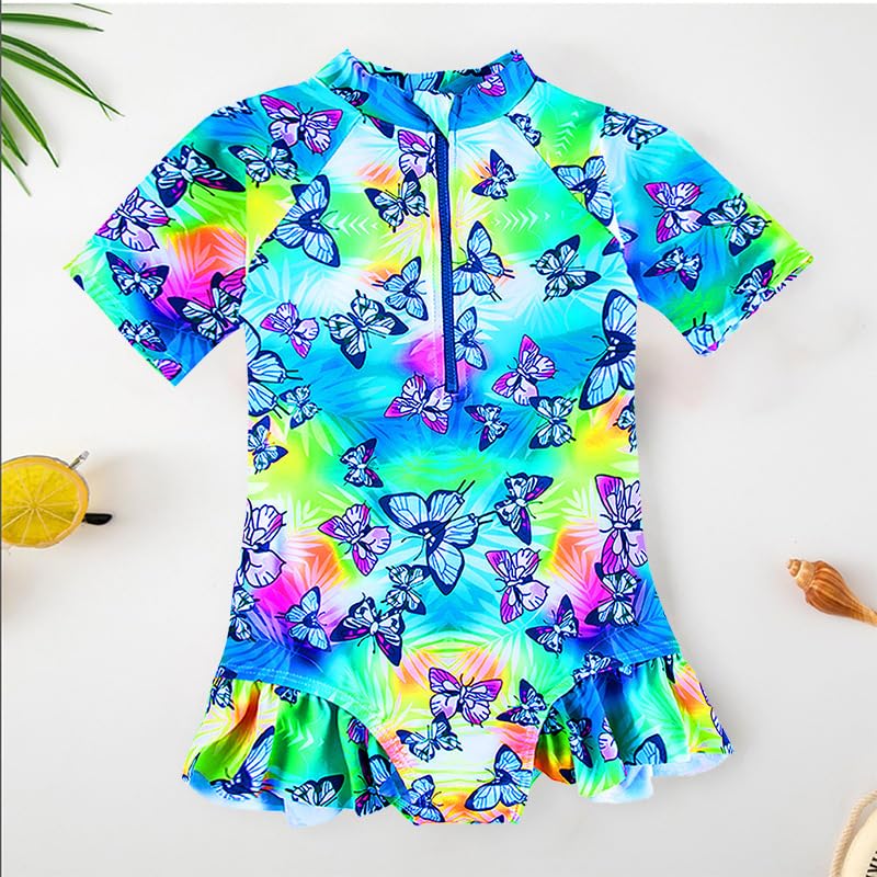 Image of Toddler Girl Swimsuit One Piece Rash Guard Bathing Suit Little Girls Short Sleeve Quick Dry Swimwear 1-7 Years
