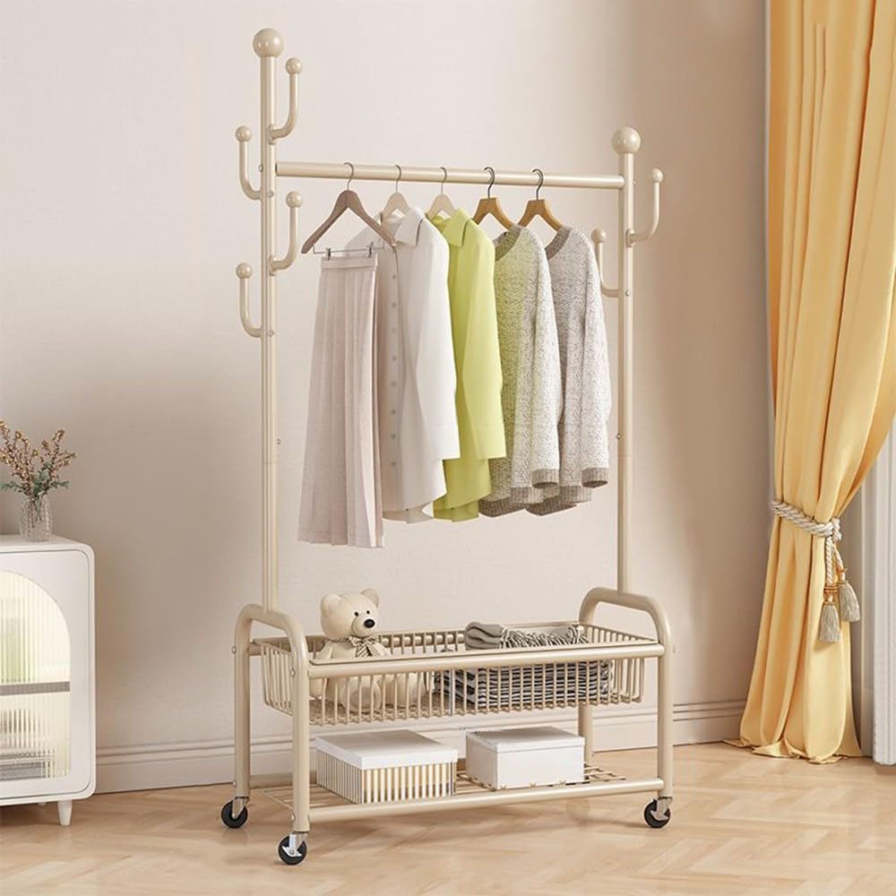 Perchero de metal con cesta de almacenamiento para ropa y organización de dormitorios