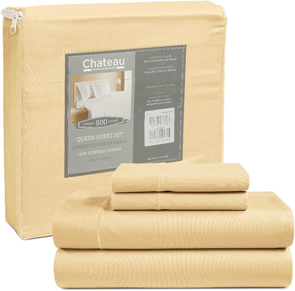 800TC Egyptian Cotton Sheets, Deep Pocket Queen Sheets Fits Upto 18" Mattress, Sateen Weave 4 Piece Cotton Sheets for Queen Size Beds - Soft and Comfortable Queen Bed Sheets- Semolina