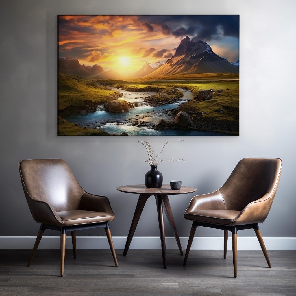 Canvas for Living room. Riverside Serenity: Nature's Vibrant Palette Unveiled by Sunset Warmth, 27 x 18 inch Canvas Wall Art - Contemporary Masterpieces - Modern Home Decor - 69x46 cm (27x18 inch)
