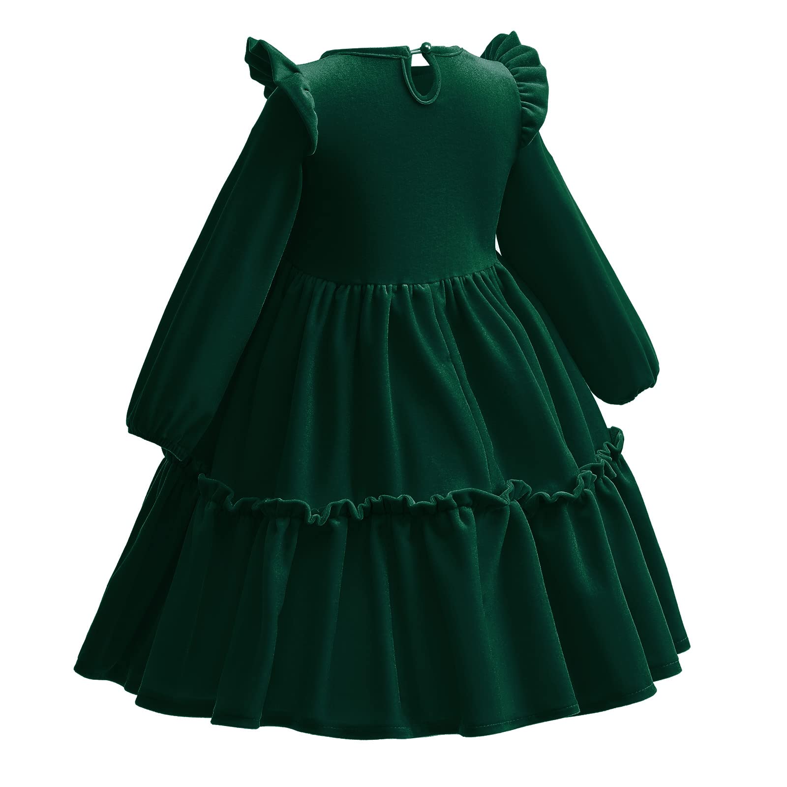 Enfants Filles Robe de Noël Manches Longues Velours Automne Hiver Vêtements Princesse A Ligne Couleur unie Volants Robe de Fête Anniversaire Festif Concours Robe de Bal, vert foncé, 3-4 ans