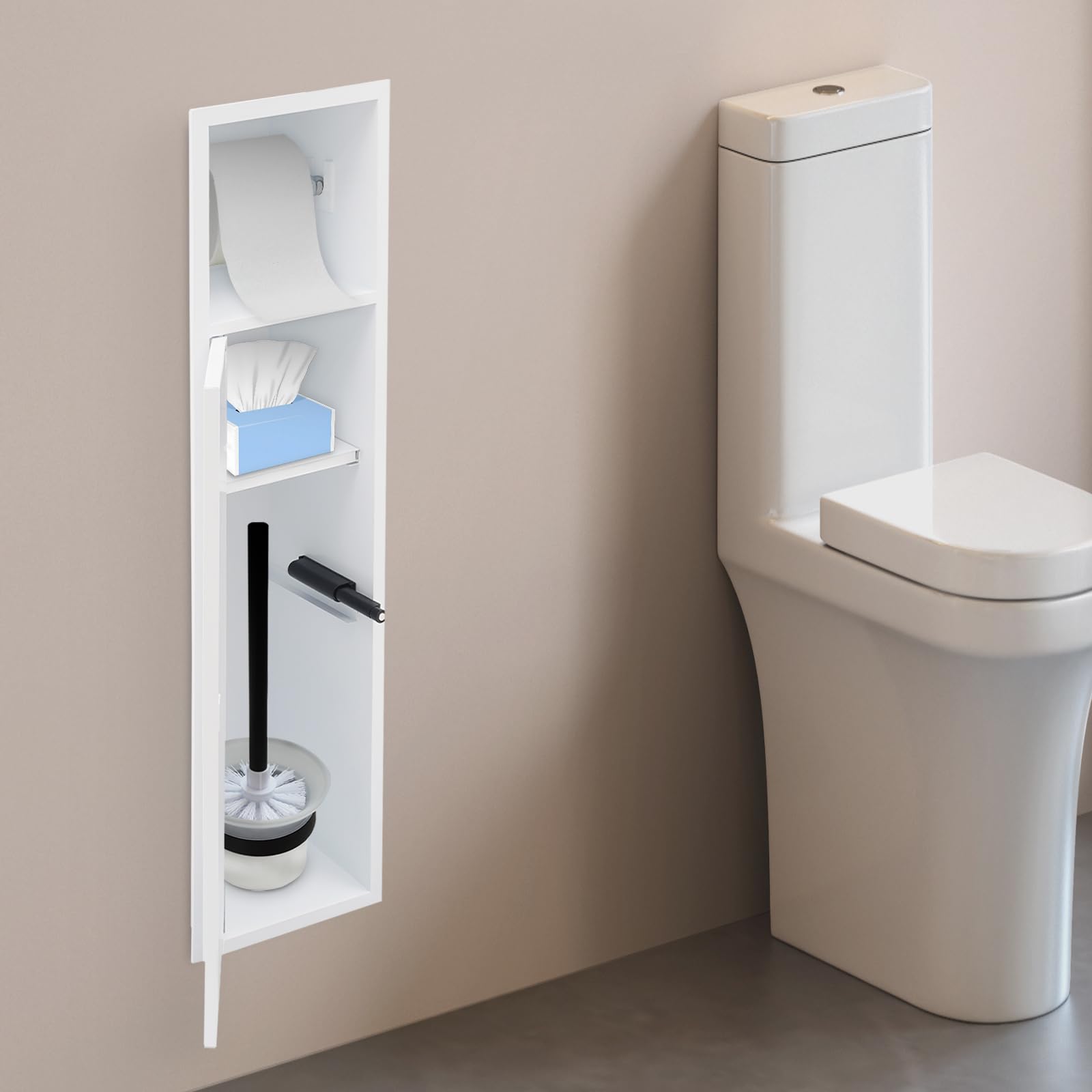 Porta carta igienica da incasso, in acciaio inox, con nicchia da parete per bagno, armadietto da bagno con ante dell'armadio, 2 ripiani + scomparto per porta, organizer da bagno per shampoo