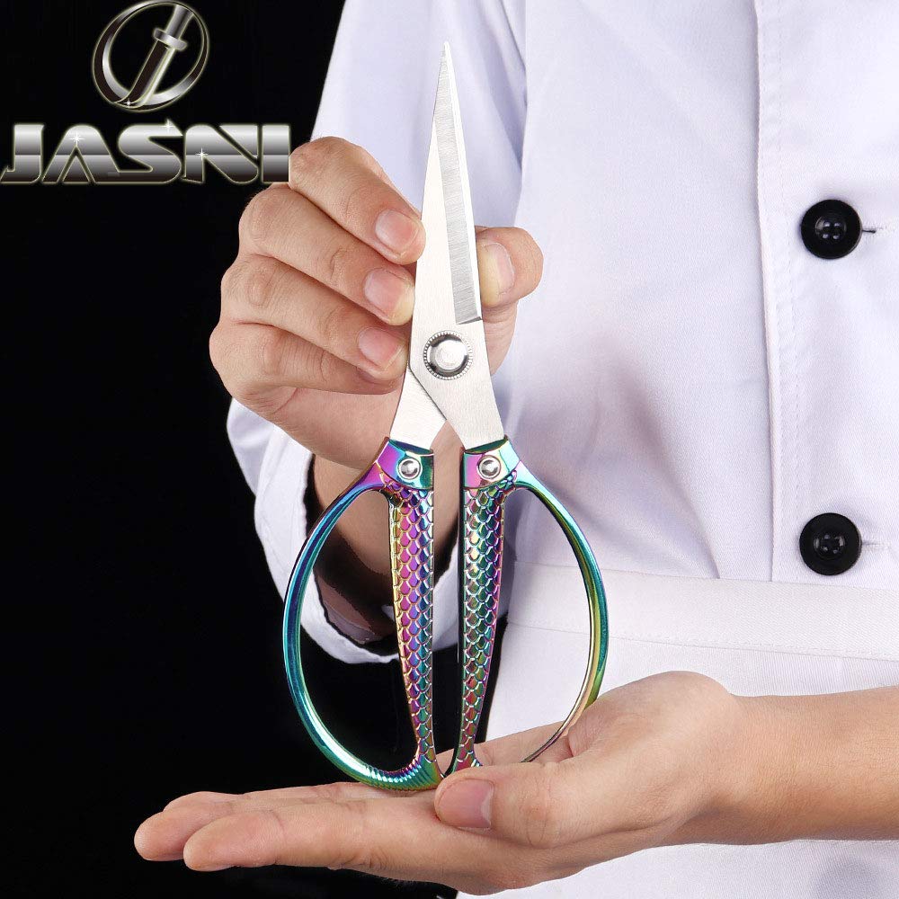 Jasni Fish Pattern Leistungsstarke Küchenschere Professionelle Heavy Duty Multi-Purpose schöner FarbRegenbogen Titan Coating Schmiedetes Edelstahl