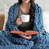 SAMIAH LUXE Chunky Knit Blanket Throw 50x30", Blue Chenille Chunky Knit Throw Blankets for Living Room Decor or Boho Decor, Personal Lap Blanket for Couch or Bed, Cable Knitted Crochet Lap Blankets