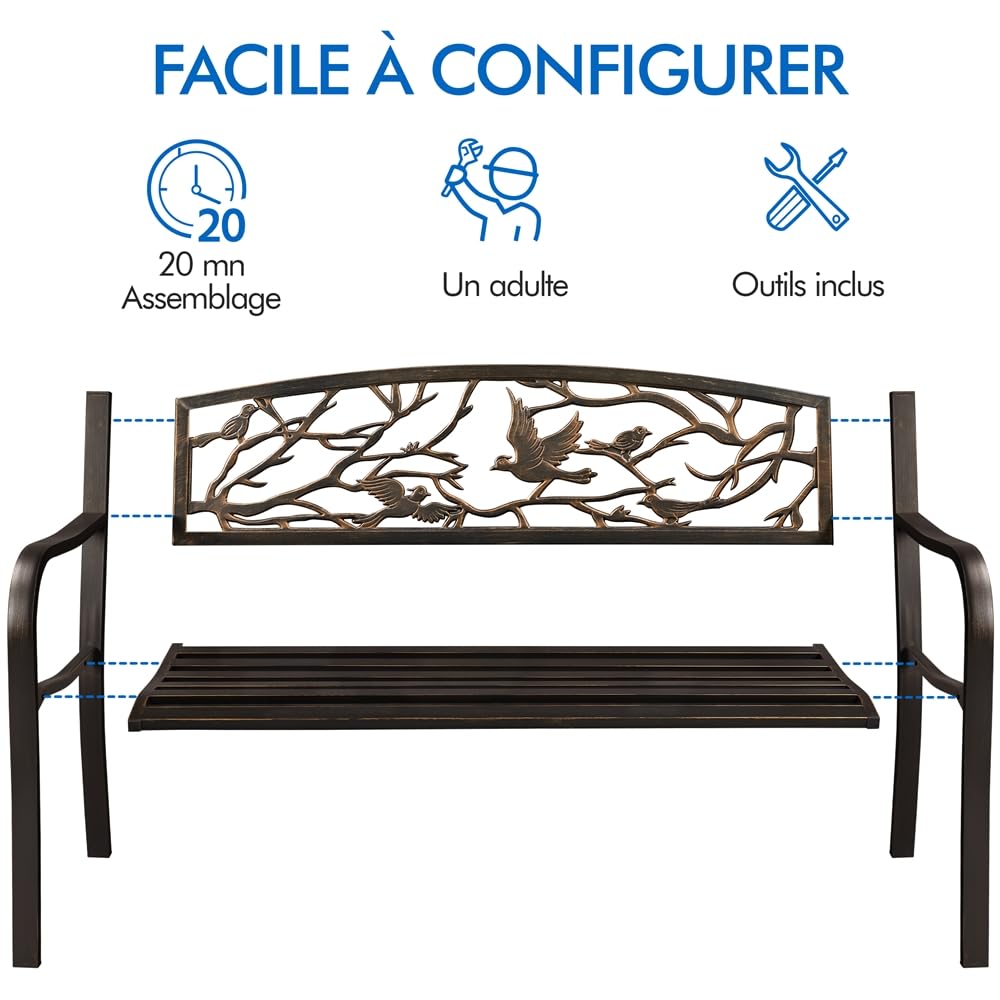 Yaheetech Banc de Jardin en métal pour 3 Personnes Style rétro, Banc de Repos en Fer avec Dossier et accoudoir pour Cour Jardin terrasse Balcon café