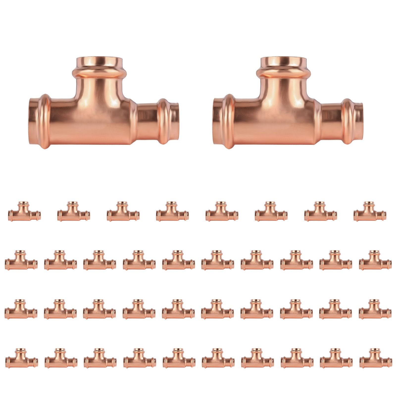 Paquete de 40 conectores en T reductores de cobre GUOFIS, 1-1/4" P x 1" P x 1-1/4", conector en T reductor de presión para plomería, conector de tres vías para derivación de transición de tamaño de