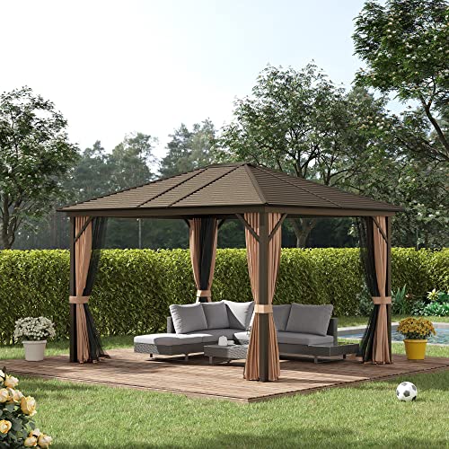 Outsunny 10' X 12' Hardtop Gazebo Canopy With Galvanized Steel Roof, Aluminum Frame, Permanent Pavilion Outdoor Gazebo With Hooks, Netting And Curtains For Patio, Garden, Backyard, Brown #TOP1