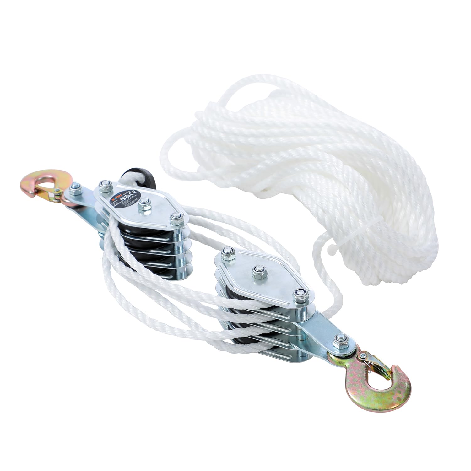 KATSU Tools Sistema di Carrucole per Sollevamento, Resistenza 4400lbs, Corda in Nylon 20m x 8mm, Ganci in Acciaio, per Garage e Costruzioni