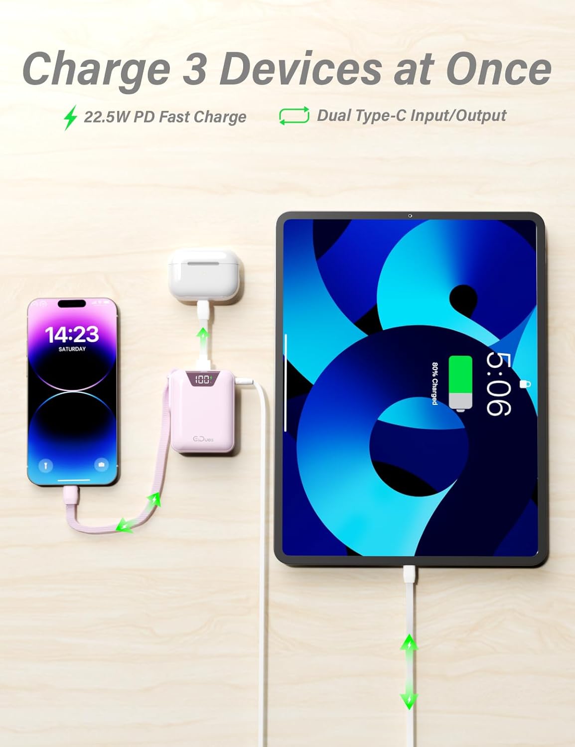 M1 Mini Portable Charger, 10000mAh Ultra-Compact Power Bank, 22.5W PD Fast Charging, Tpye-C Built-in Cable, Small External Battery Pack for iPhone, Samsung, Android iPad (Pink)