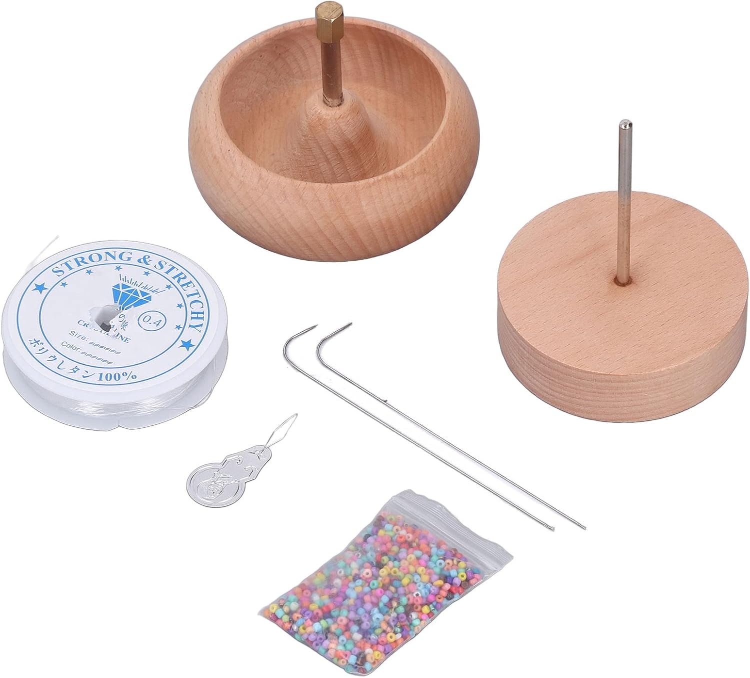 Seed Bead Spinner, Wooden Spinning Bead Bowl with Big Eye Beading Needle and 1000 Seed Beads for Waist, Bracelets, DIY Jewelry Making