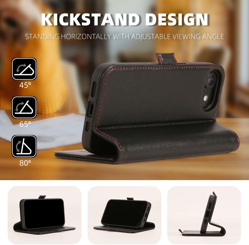 Case for iPhone 16E 6.1" 2025, Genuine Leather Wallet Folio Case Magnetic Closure-RFID Blocking Card Slot-Kickstand-Full Protection Case Compatible 16E 2025 (Black with Red Detail)