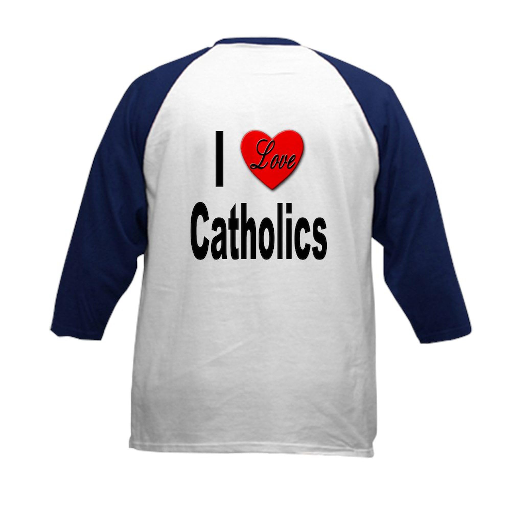 CafePress I Love Catholics Kids Baseball Jersey Kids Cotton Baseball Jersey, 3/4 Raglan Sleeve Shirt Navy/White