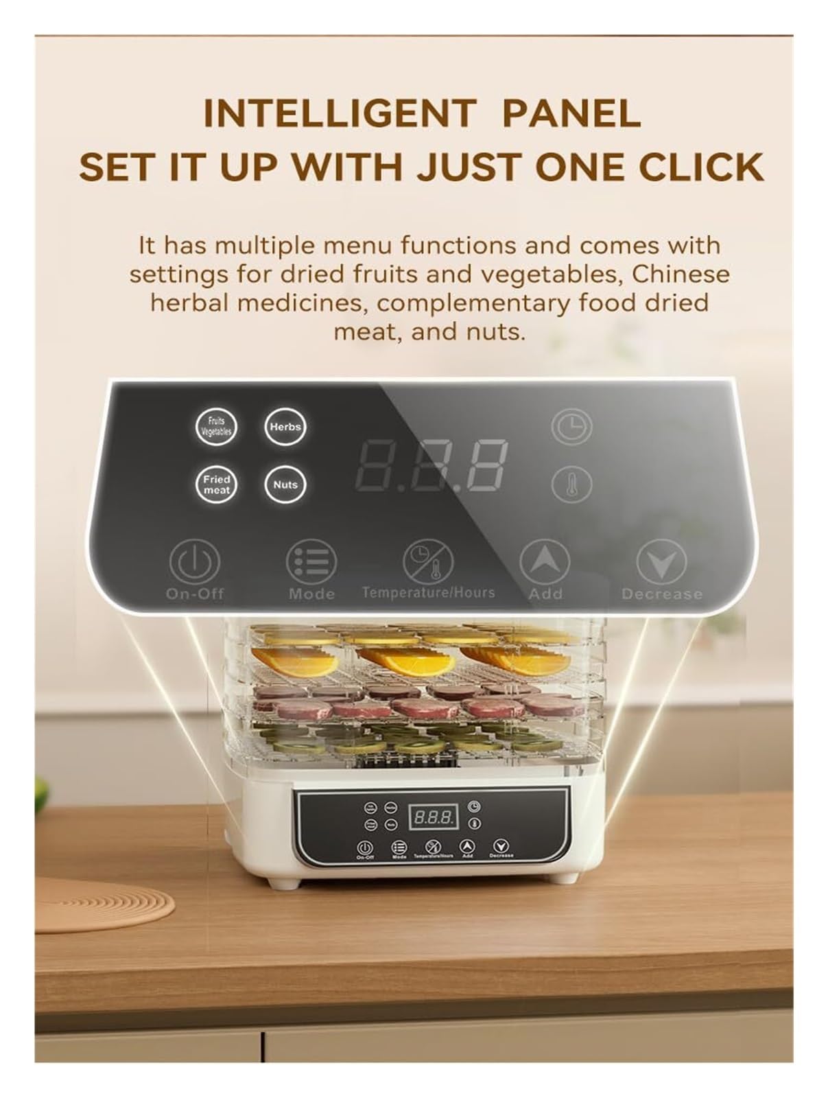 Máquina deshidratadora de alimentos con flujo de aire de 360°, temporizador y control de temperatura, prepara refrigerios caseros saludables for cecina, frutas y verduras.