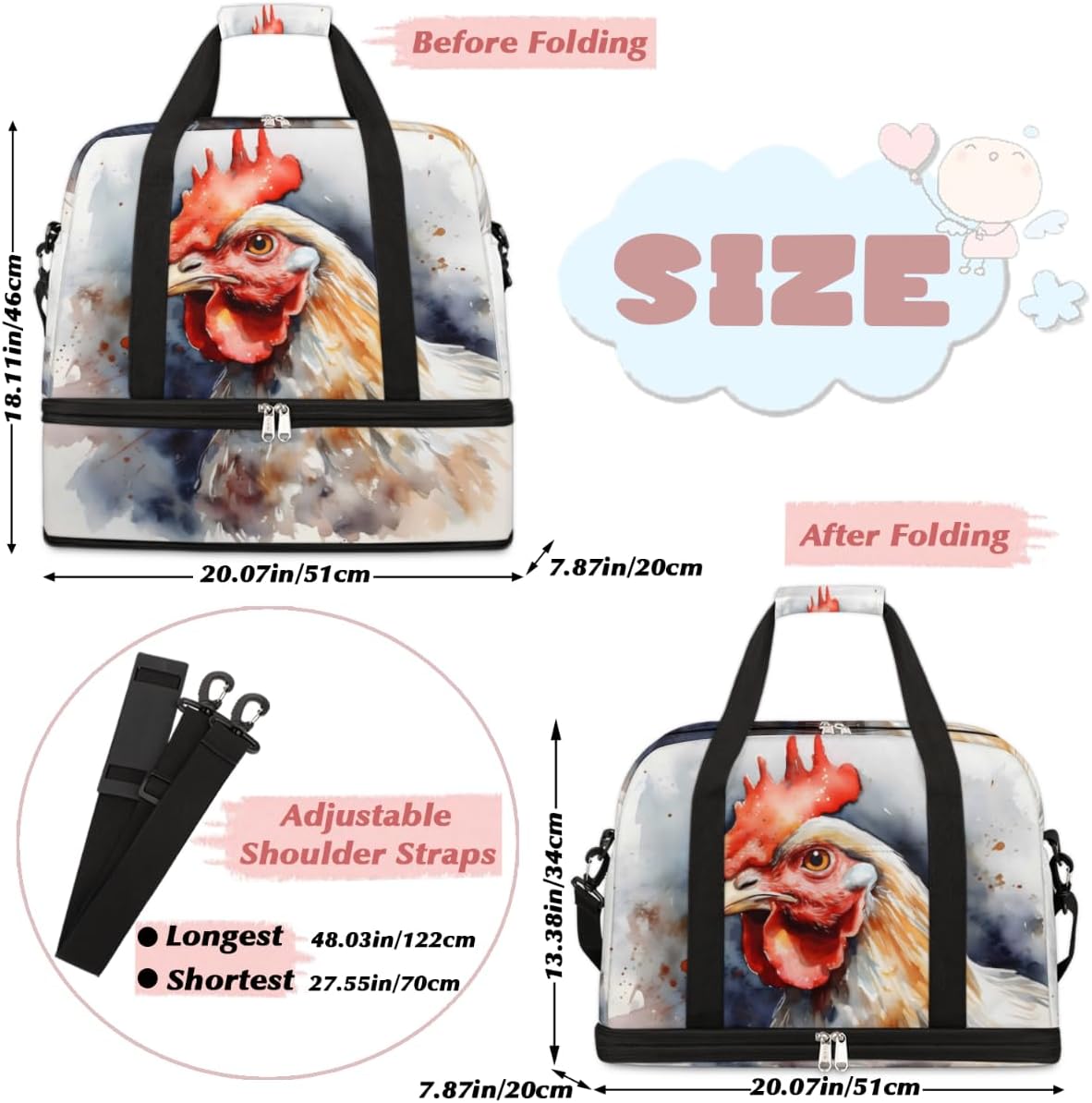 QsirBC Animals Chickens Pattern Gym Bag for Women Duffle Tote with Shoes Compartment Men Weekender Duffel for Dance Travel Sports Swimming Overnight