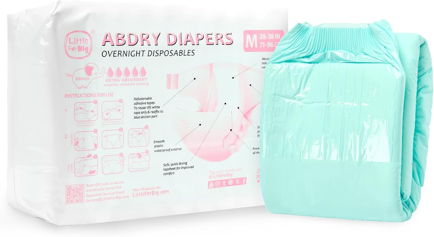 LittleForBig 6500 ml Adjustable Tapes Adult Diaper 10 Pieces - ABDry Ultra Absorbent Diapers Green M
