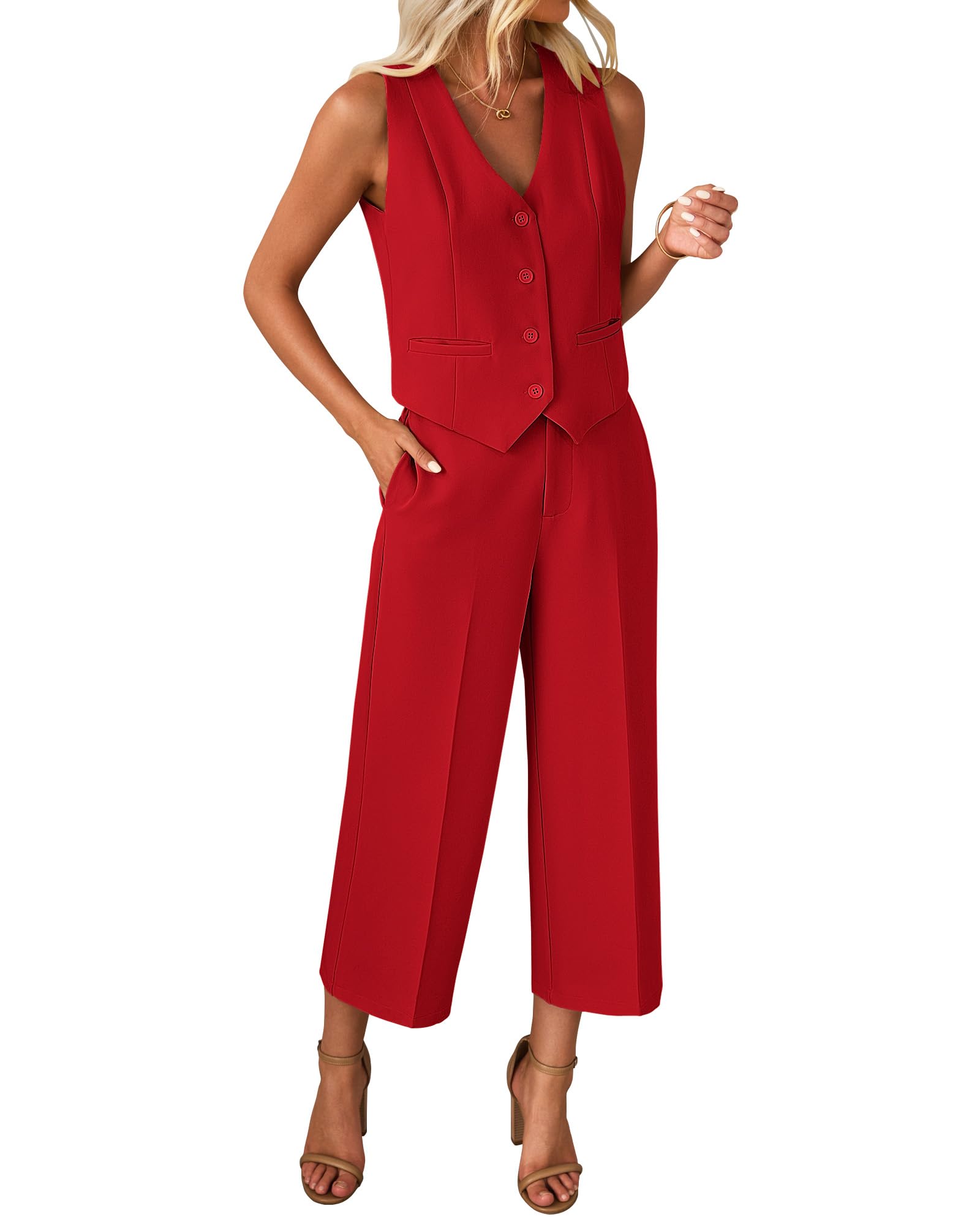 luvamia Vest Pant Suits for Women Dressy Wide Leg 2 Piece Sets Work Outfits