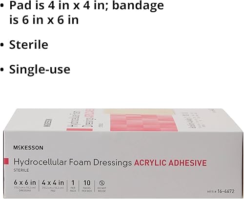 Miniatura 4 de McKesson Apósitos de espuma hidrocelular, estéril, adhesivo acrílico, dimensión 6 x 6 pulgadas, almohadilla de 4 x 4 pulgadas, 10 unidades, 1 paquete