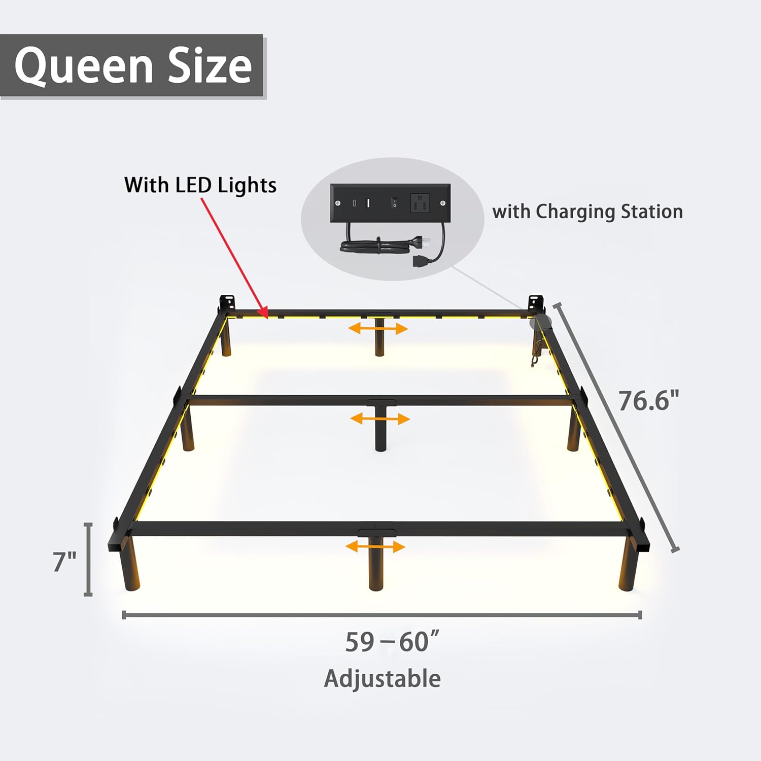 Bed Frame with Charging Station, Full Bed Frame with LED Lights, 7 Inch High 9-Leg Support Sturdy Bed Base for Box Spring and Mattress, Easy Assembly, Black