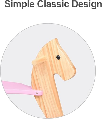 Miniatura 3 de Caballo mecedor de madera para bebé, juguete para niños pequeños, diseño clásico con pedal y respaldo seguro para niños pequeños (rosa)