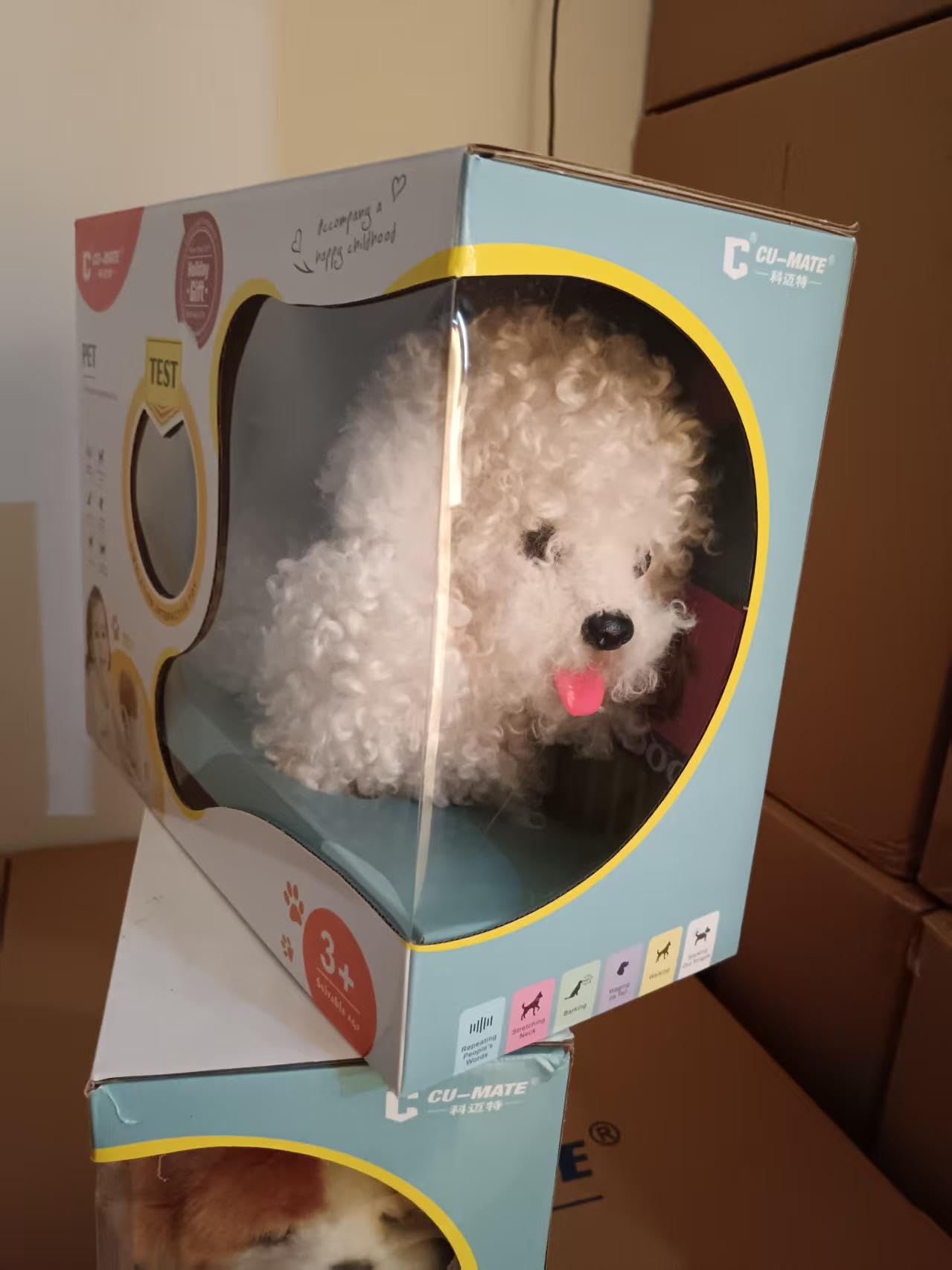CU-MATE Chien Robot Interactif en Peluche, Caniche Blanc, Jouet Électronique Qui Marche, Aboie et Remue la Queue, Cadeau pour Enfants