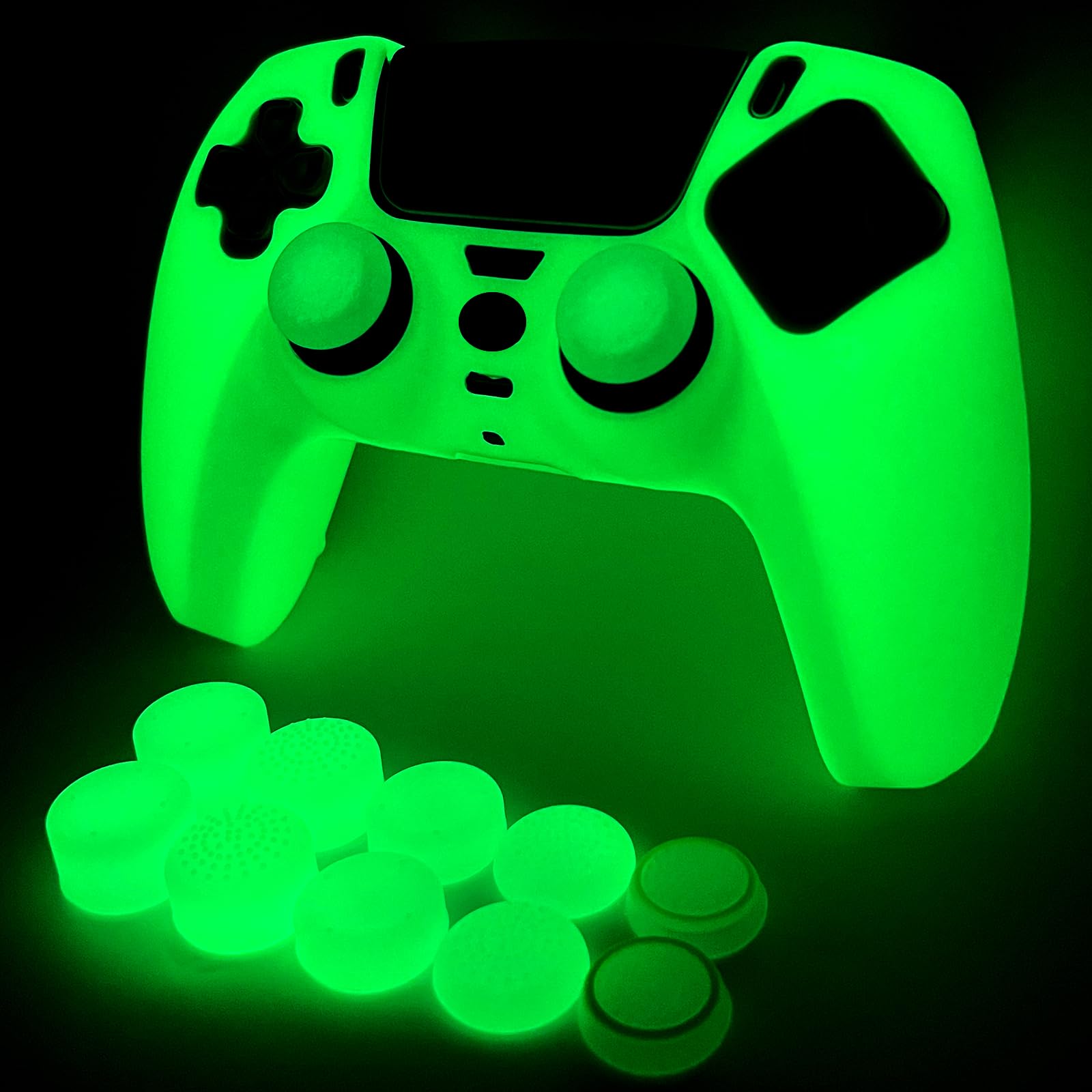 Skins Silicone Grip Glow in The Dark boîtier de Protection Compatible avec Le contrôleur PS5 + 8 PCS Thumb Grips Caps et 2 Grips Caps Glow in The Dark.