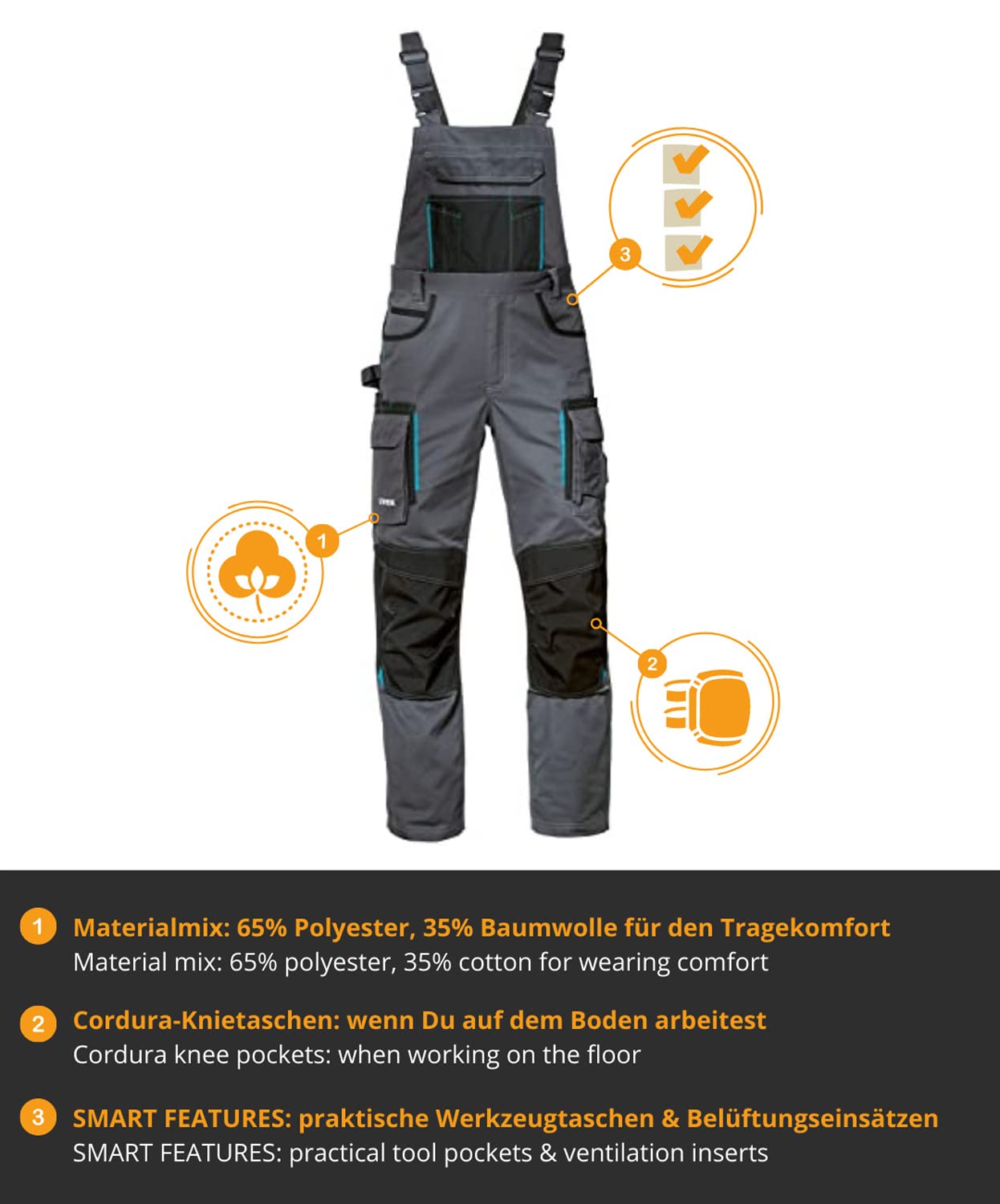 Uvex Tune-up Lange Herren-Arbeitshose - Lange Latzhose mit Knietaschen - Premium Latzhosen