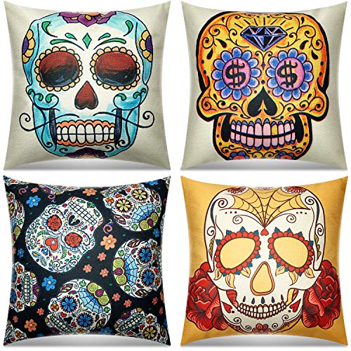 Tatuo 4 Pieces Mexican Day of The Dead Sugar Skull Pillow Covers Halloween Decorative Linen Square Cushion Cover Cases for Sofa, Couch, Bed, Balcony, Car, 18 x 18 Inch