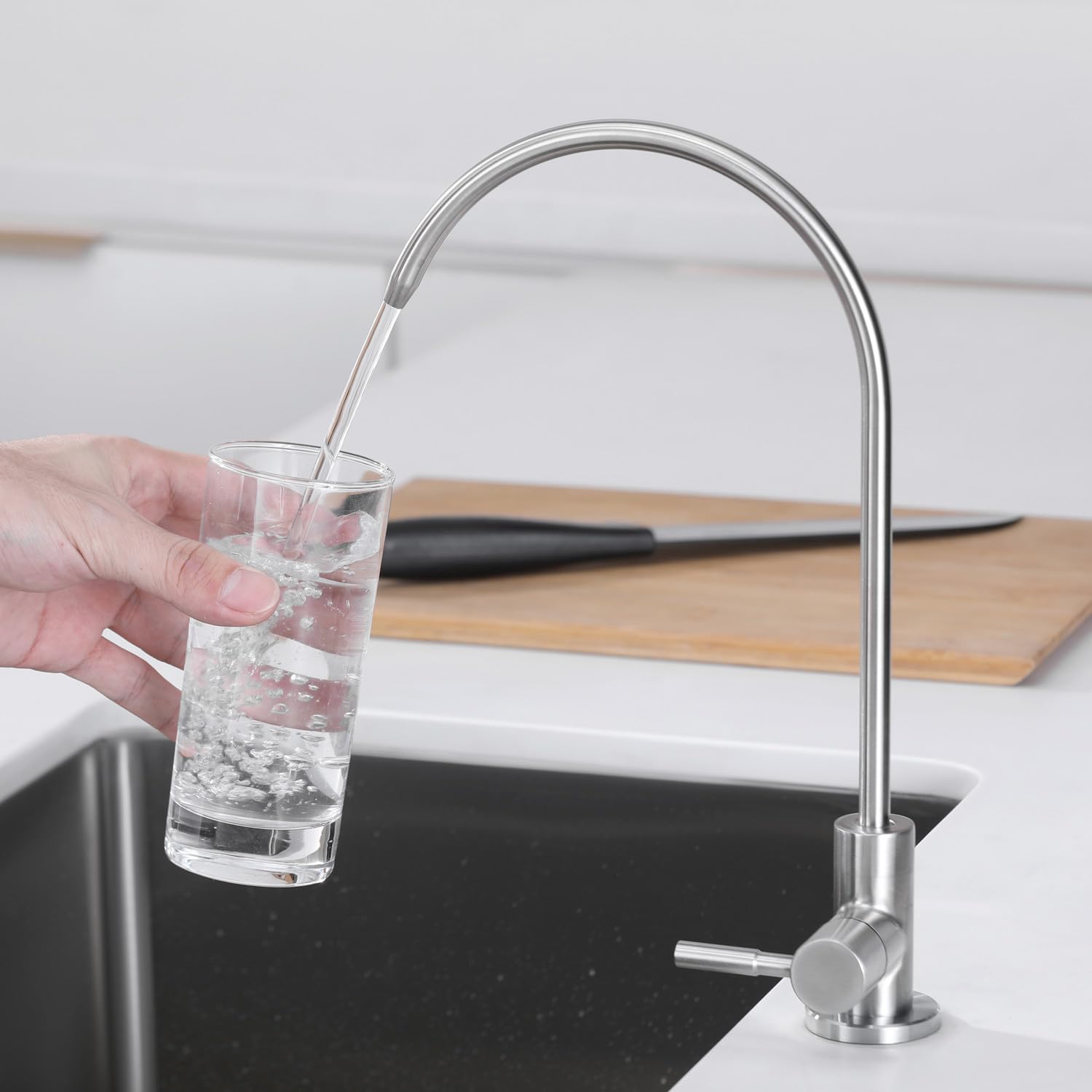 Grifo de filtro de agua RO sin espacio de aire, grifo de bebida de agua potable para sistemas de ósmosis inversa, sistema de filtración de agua, acero inoxidable 304 (níquel cepillado)