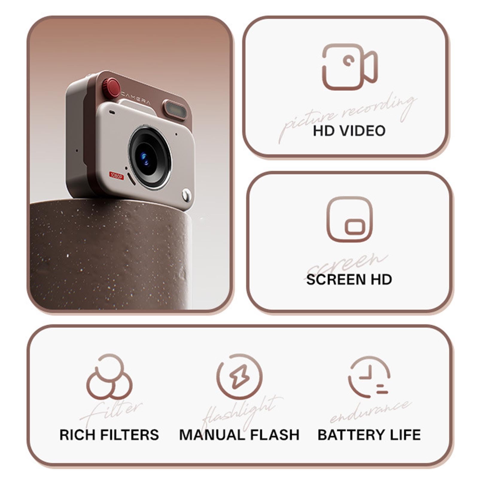 Mini aparat cyfrowy, 1080P 48 MP, mały aparat kompaktowy z wyświetlaczem LCD 1,77 cala, OTG, 6 filtrów, obsługa kart pamięci do 256 GB, idealny na podróże, uroczystości (khaki brązowy)