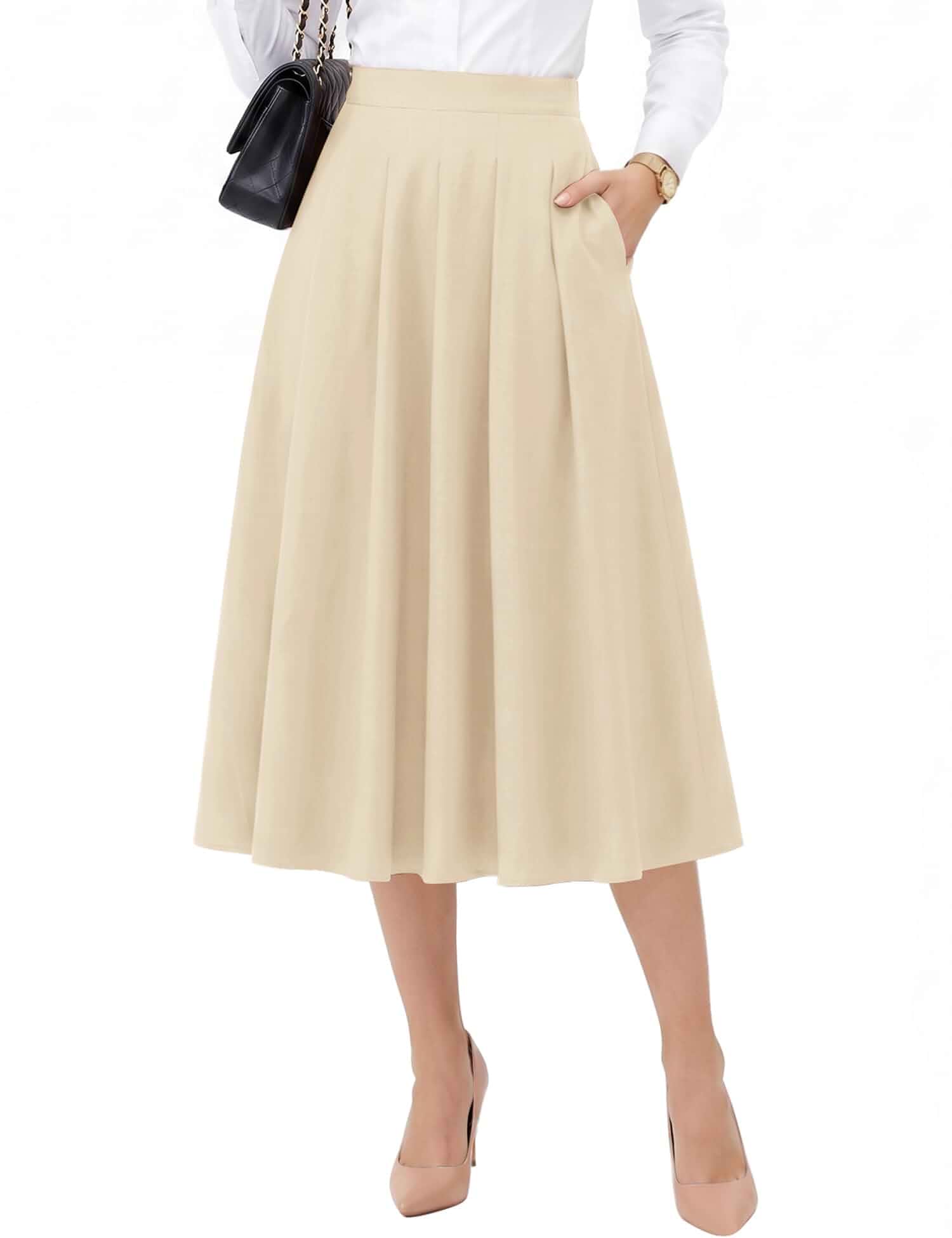 Dressystar Pleated Midi Skirts for Women Business Work with Pockets Elegant A Line Office Skirt, Solid Color, Elastic High Waist, Fit Flare, Classic Mid Length, Women’s Fall Long Formal Skirts