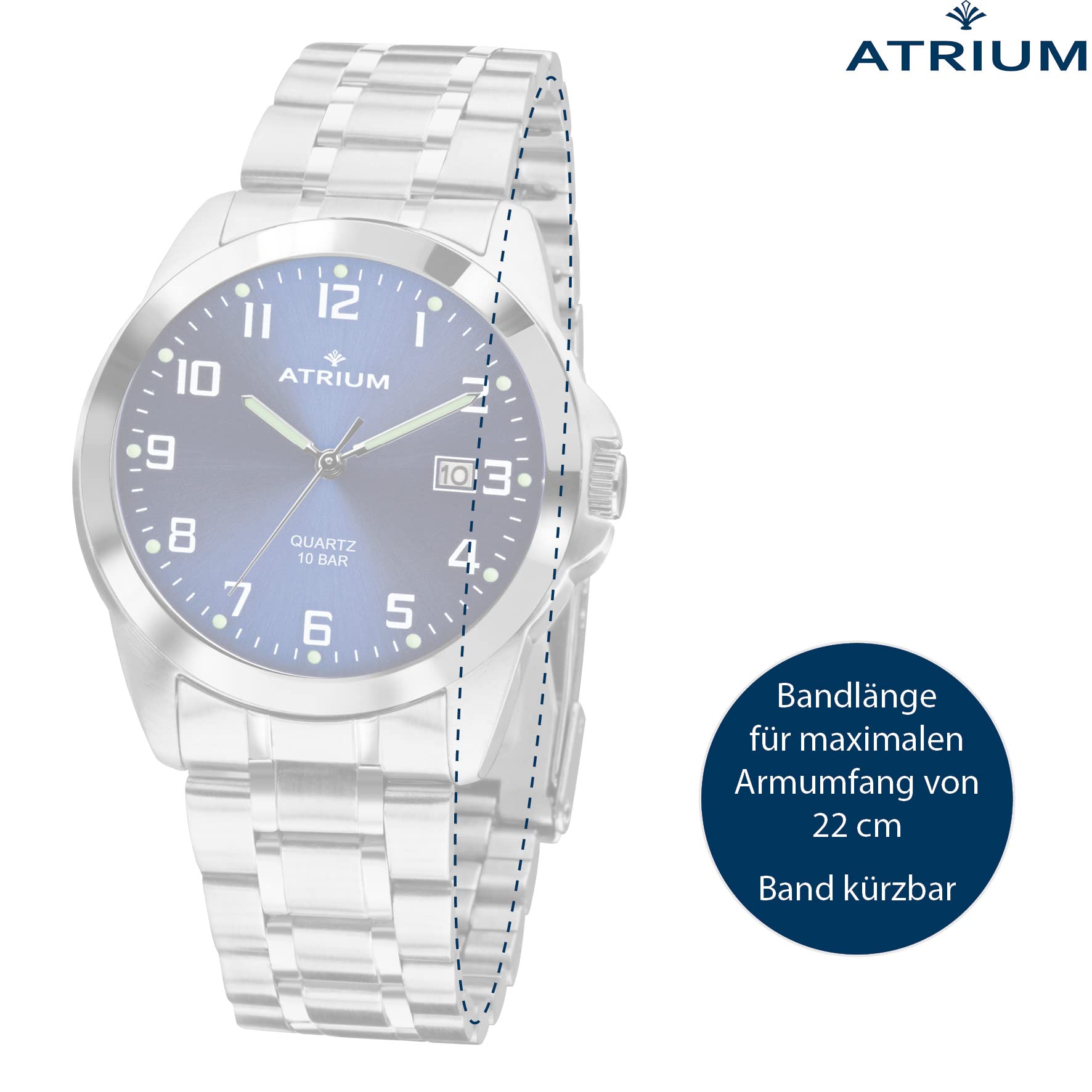 Atrium Herren-Armbanduhr Edelstahl Analog Quarz 10 bar mit Datum, Leuchtzeiger, sehr deutliches Zifferblatt Dunkelblau und Stahlband silberfarben A16-35