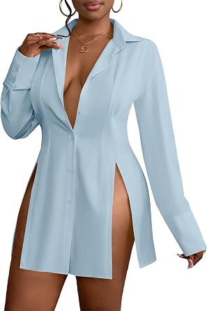 LYANER Women's Button Down Shirt Dress Collared Long Sleeve Sexy Tops Slit Hem Long Shirts