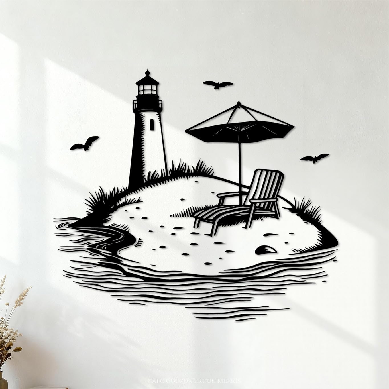Vinyl Art Sticker Lighthouse and Beach Chair with Umbrella 67.2x75.8cm Do not Damage the wall Surface Black — image 1