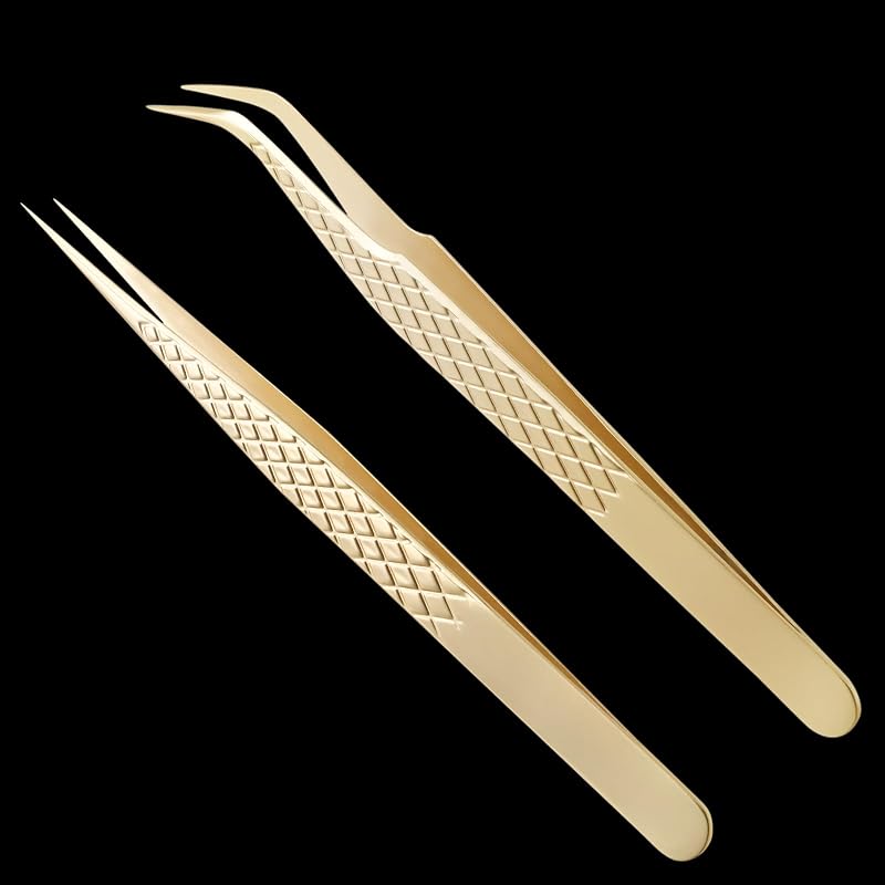 Miuffue Conjunto com 2 Pinças para Extensão de Cílios, Pontas Reta e Curva, Aço inoxidável, Gold, Modelo A21
