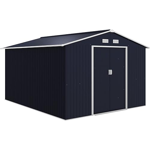 Outsunny 11' x 9' Outdoor Storage Shed, Garden Tool Metal Shed with Foundation Kit, Double Lockable Door, Air Vents and Sloping Roof, for Backyard, Patio, Lawn, Dark Gray