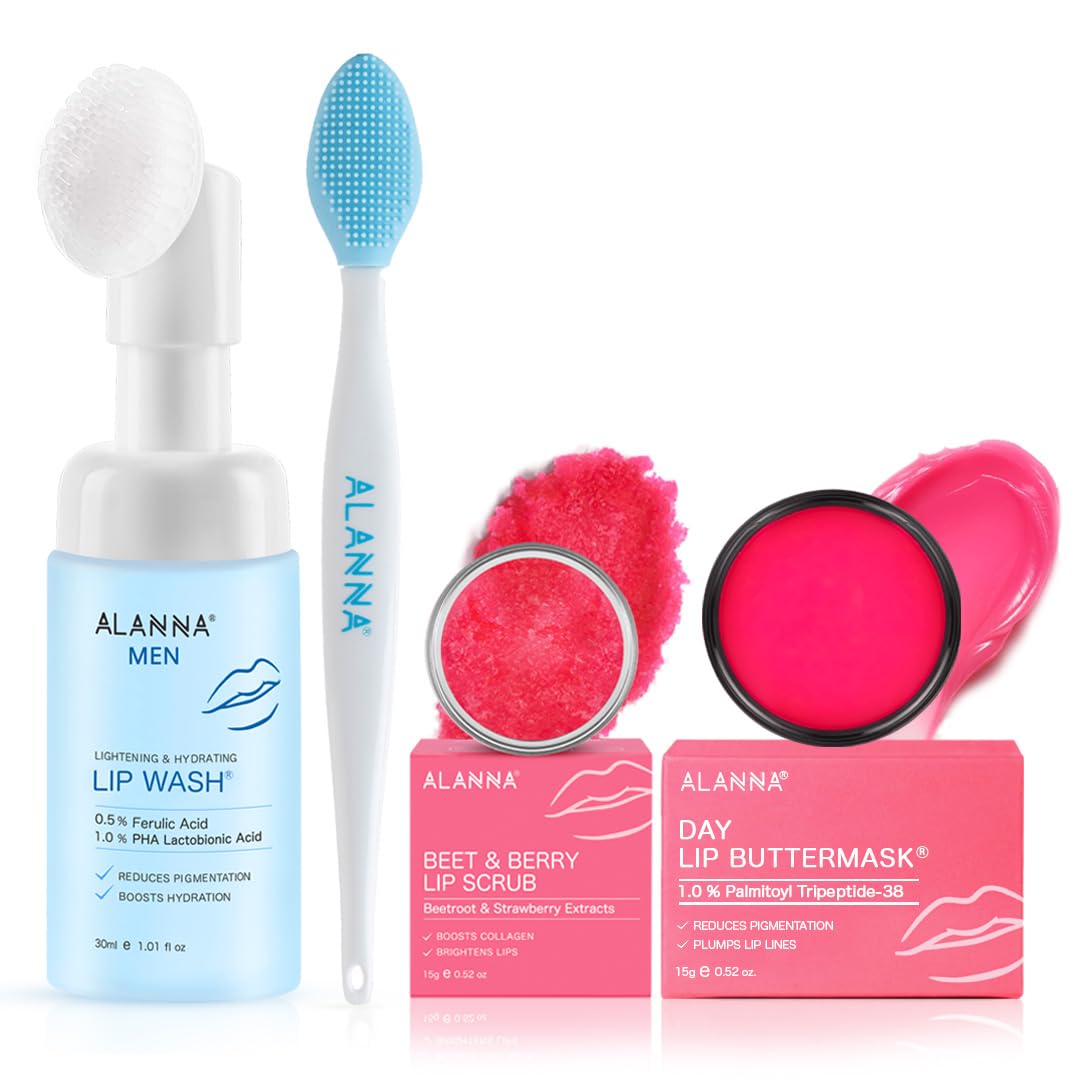 ALANNA® 3-Step Lip Brightening Kit | LipWash®, Scrub & Mask| Dark Pigmented Lips | Smoke, Sun & Pollution Damage | Ferulic Acid & PHA | For Men | 30ml + 30gm
