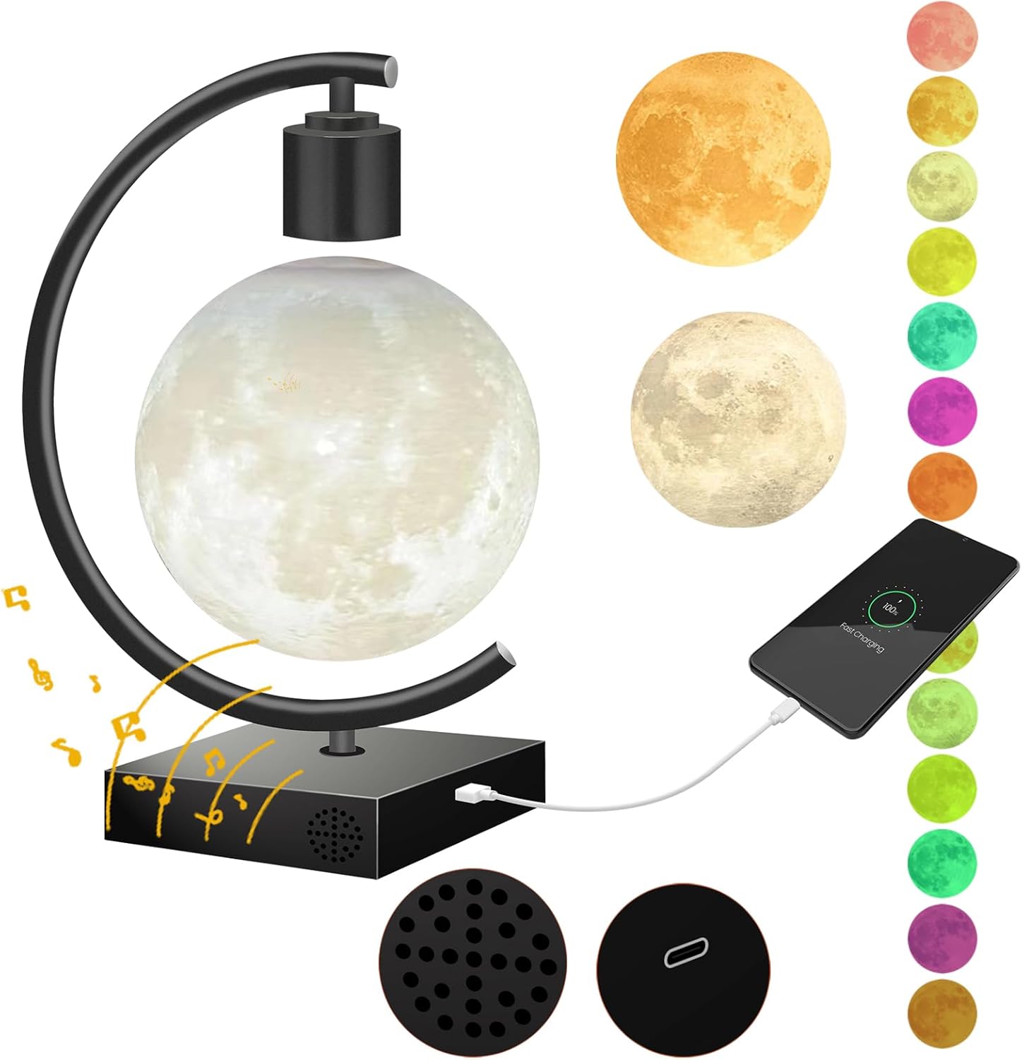 Magnetic Levitating Moon Lamp with Bluetooth Speaker 18W Fast Charger for iPhone iPad Samsung Galaxy Smart Watch Floating 3D Moon Magnet Planet Globe LED Night Light Colorful Christmas Gift