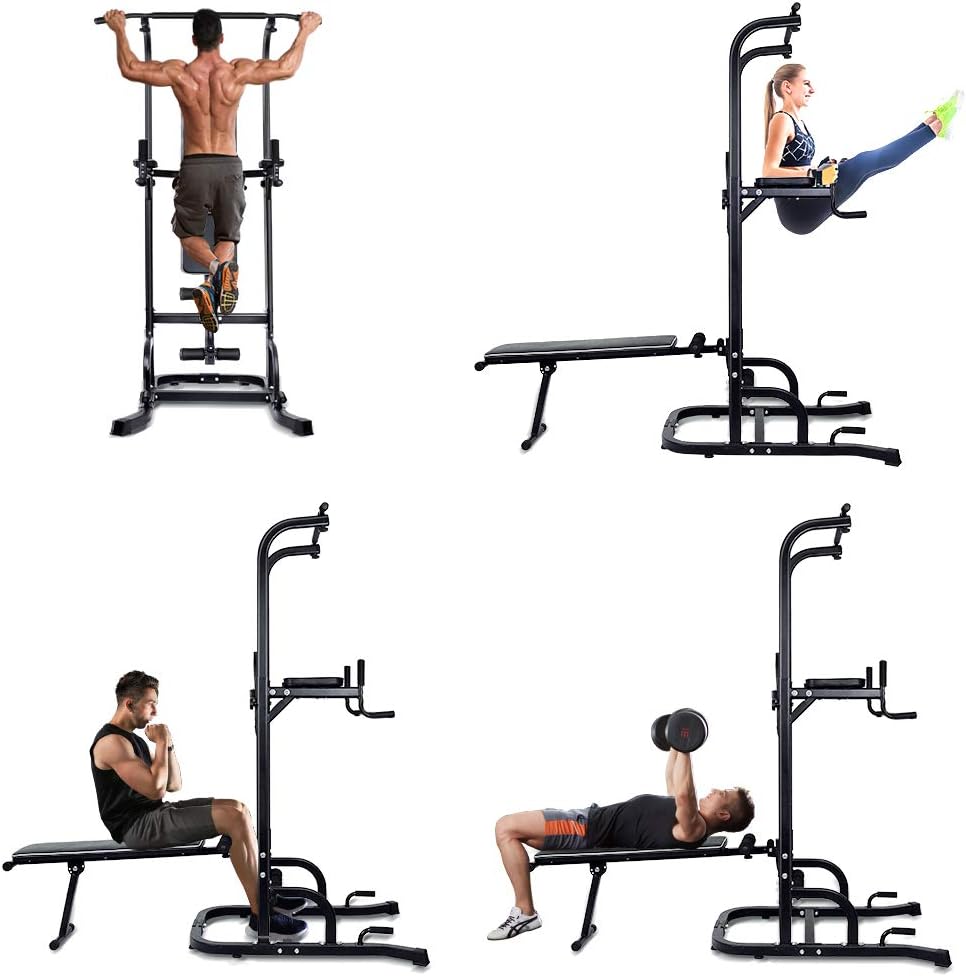 Four images demonstrating different exercises on the ONETWOFIT Power Tower: pull-ups, knee raises, sit-ups on the bench, and dumbbell presses on the bench.