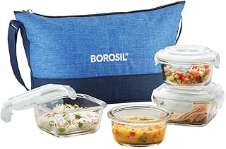 Borosil Daisy Lunchbox | 4pc (320ml x 2 Square + 240ml x 2 Round) Container Set | Made in India Borosilicate Glass | Micro Price In India