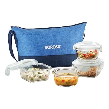 Borosil Daisy Lunchbox | 4pc (320ml x 2 Square + 240ml x 2 Round) Container Set | Made in India Borosilicate Glass | Microwave & Dishwasher Safe Tiffin for Office, College & School (Prime)
