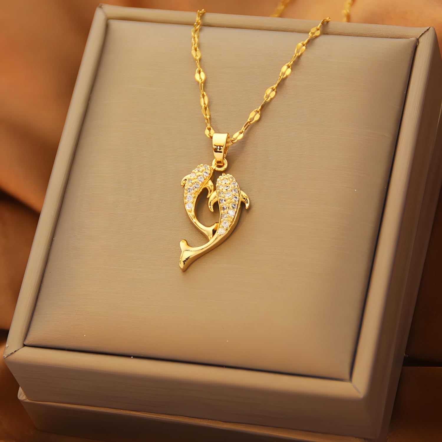 Cubic Zircon Dolphin Pendant Necklace for Women 14K Gold Plated Fish Necklace Cute Double Dolphin Necklaces - Image 5