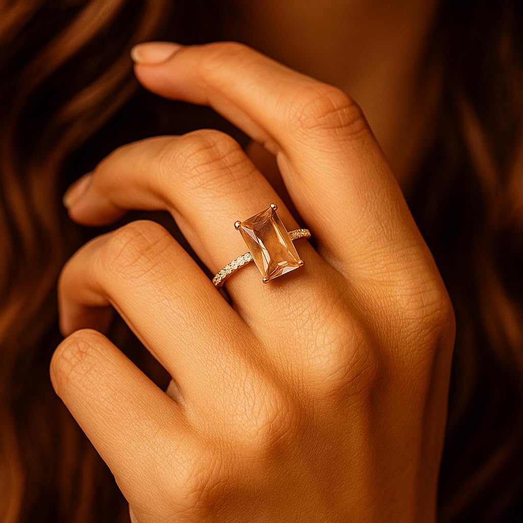 Emerald Cut Morganite Wedding Engagement Ring 10K Solid Rose Gold Art Deco Diamond Promise Anniversary Jewelry Women Fine Jewelry wedding Gift For Bridal