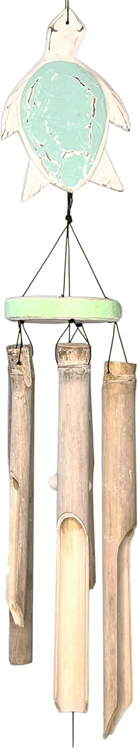 Rustic Sea Turtle Bamboo and Wood Windchimes – Outdoor Wind Chime – Distressed Finish – Whitewash & Teal Blue – Natural Beautiful Relaxing Sound