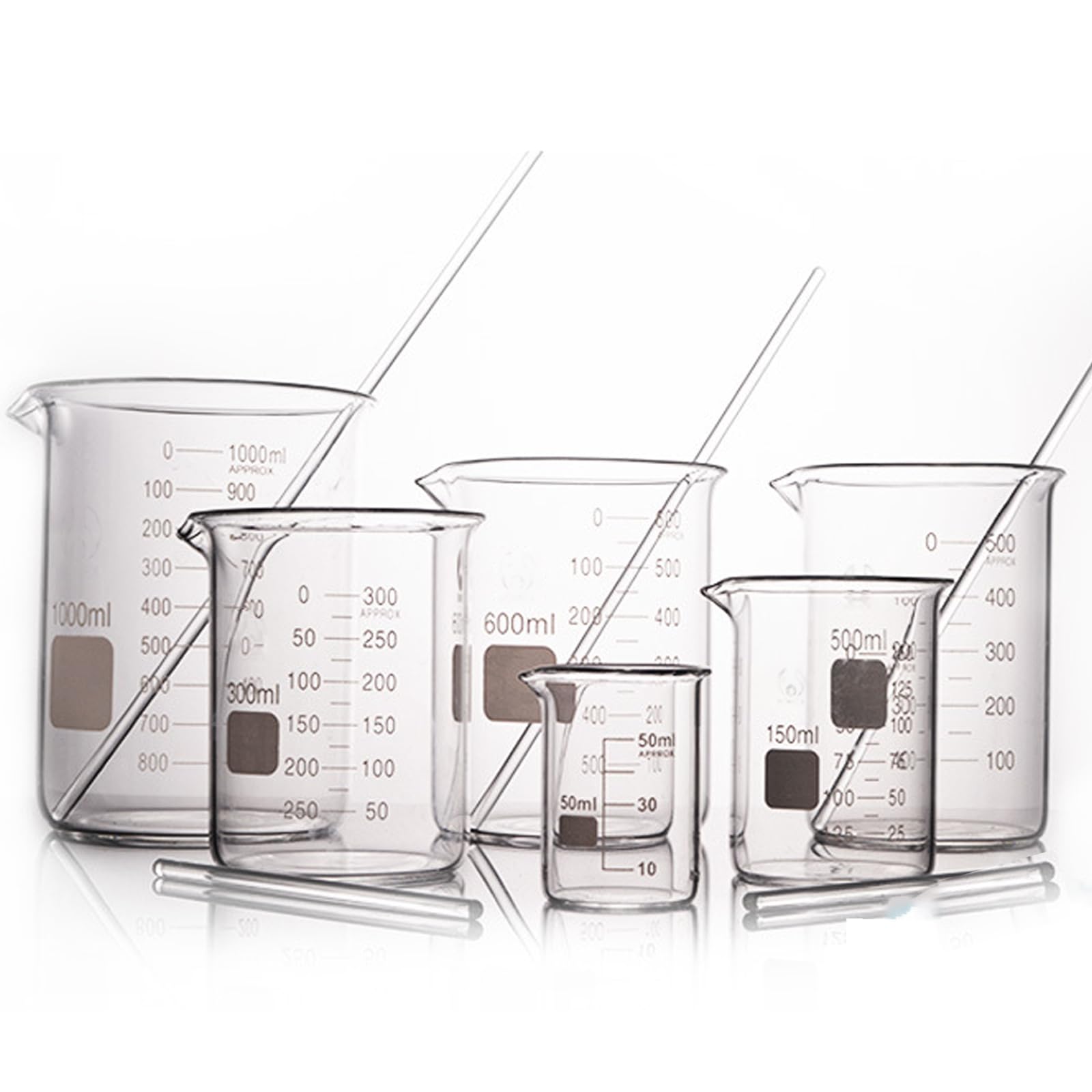 PPLDABNK Borosilicate Glass Beaker Set with Stirring Rod – Low Form Lab Beakers with Printed Scale, Mixing Beakers for Chemistry & Science Experiments, 50ml-1000ml (Multiple Sizes),1000ml