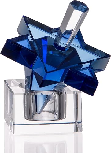 Quality Judaica Pantalla decorativa de cristal Dreidel con soporte estrella de David color azul