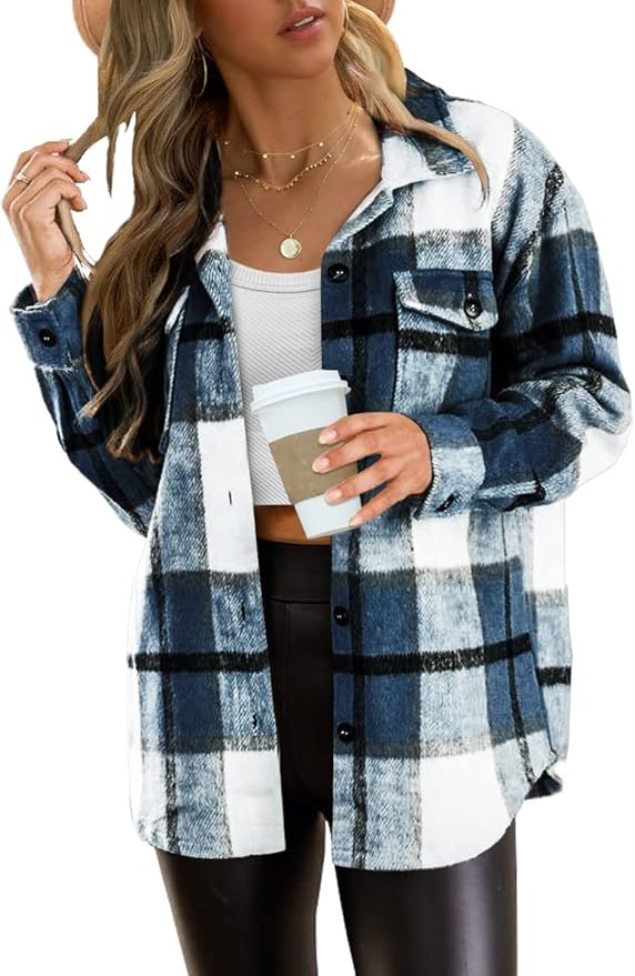 AUTOMET Womens Fall Outfits Fashion Clothes Shackets Flannel Plaid Button Down Long Sleeve Shirts Jackets