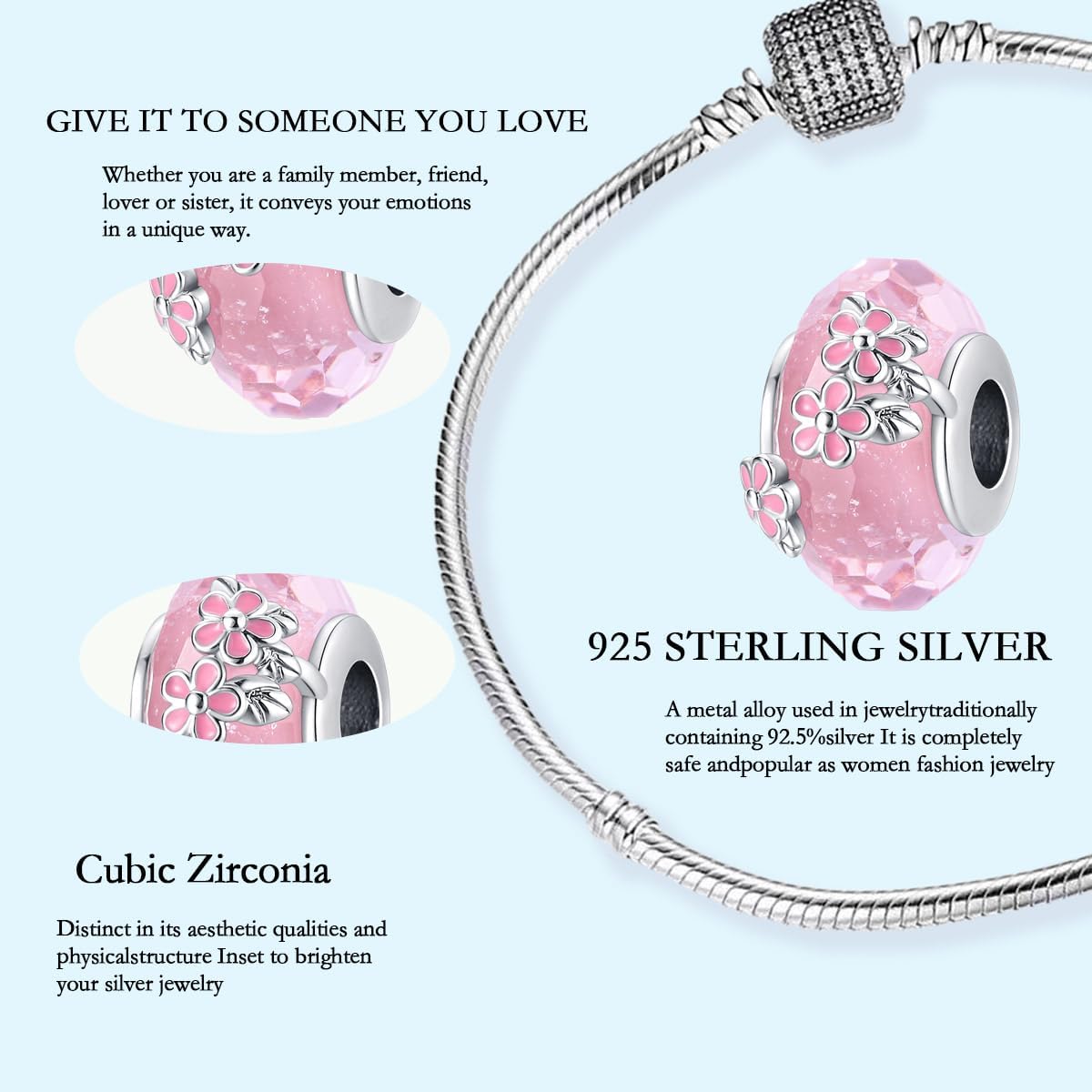 925 Sterling Silver Murano Charms, Clear Flower Beads Multi-color Women's Bracelet Necklace Jewelry Gifts