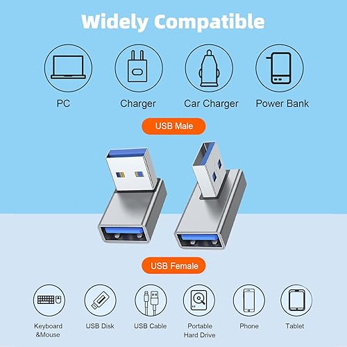 Miniatura 5 de AreMe Adaptador USB 3.0 de 90 grados, paquete de 4, ángulo hacia arriba y hacia abajo, ángulo izquierdo y recto USB A macho a hembra, extensor